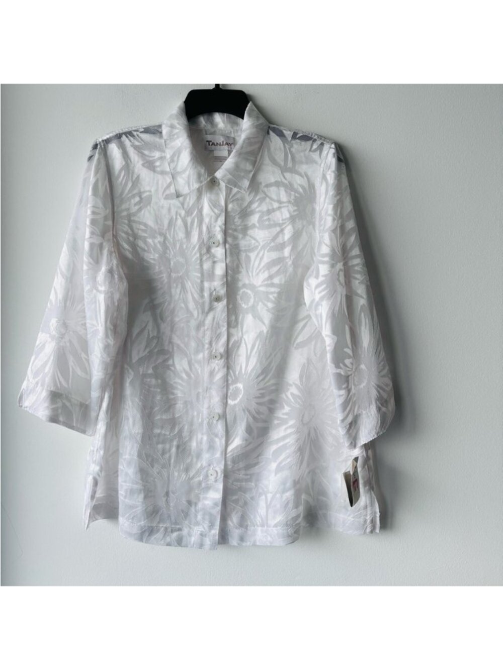 VTG TanJay Blouse Button Up White Satin Sheer Floral Burnout Women 12 Resort NWT